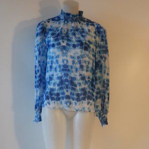 NWT Womens Cami NYC Blue White Tie Dye Mock Neck Silk Blouse Top XS *